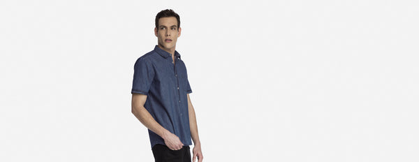 camisa jeans manga curta índigo médio