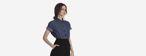 camisa jeans manga curta índigo médio
